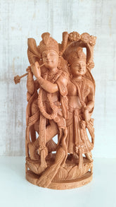 Divine Love: Hand-Carved Wooden Radha Krishna Sculpture with Intricate Detailing